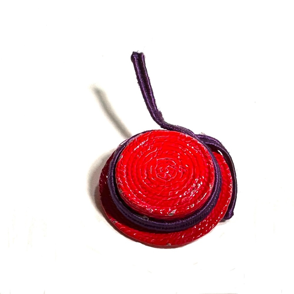 Adorable Red Hat Purple Ribbon Brooch Scatter Pin Straw Boater Style